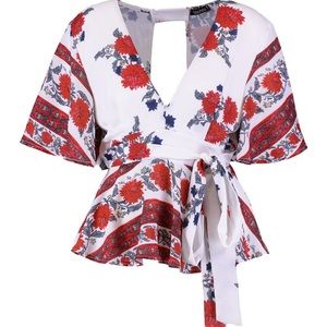 Print Open Back Woven Peplum Top